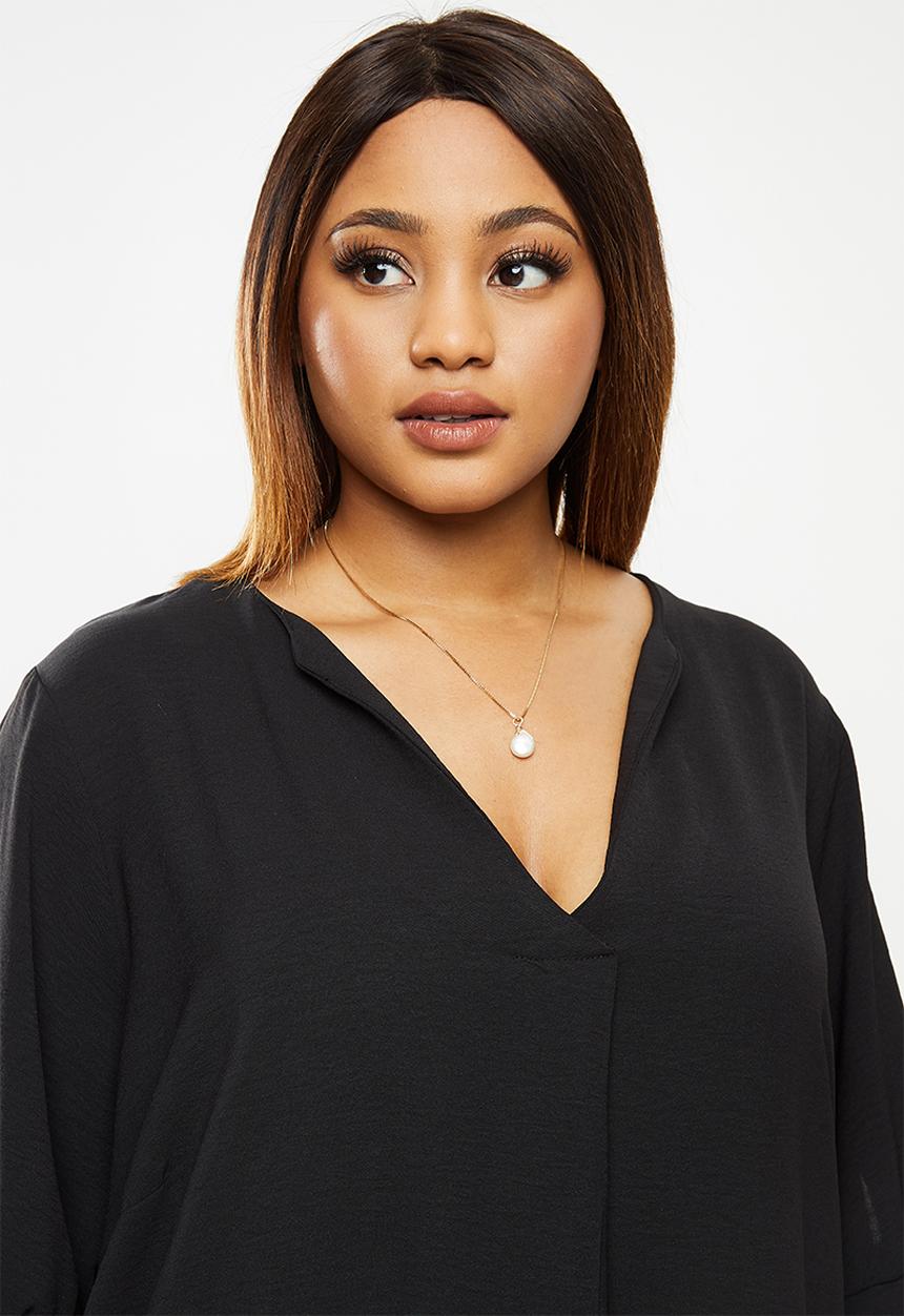 edit Plus - Notch neck tie sleeve shift dress - black