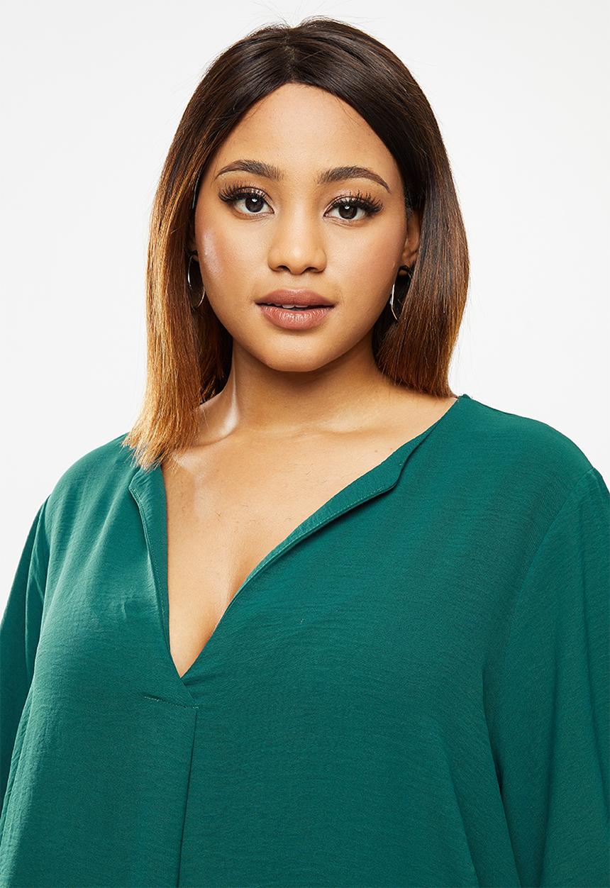 edit Plus - Notch neck tie sleeve shift dress - emerald