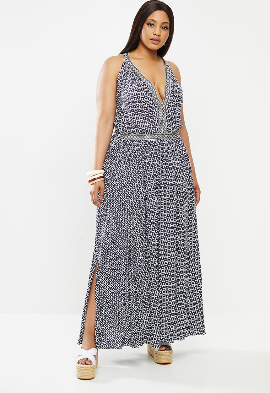 Me&B - Plus the navy minimal print maxi with tape detail - navy & white 