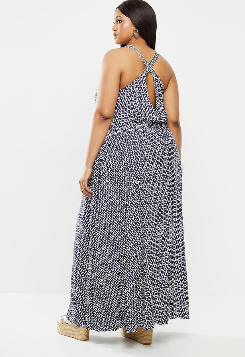 Me&B - Plus the navy minimal print maxi with tape detail - navy & white 