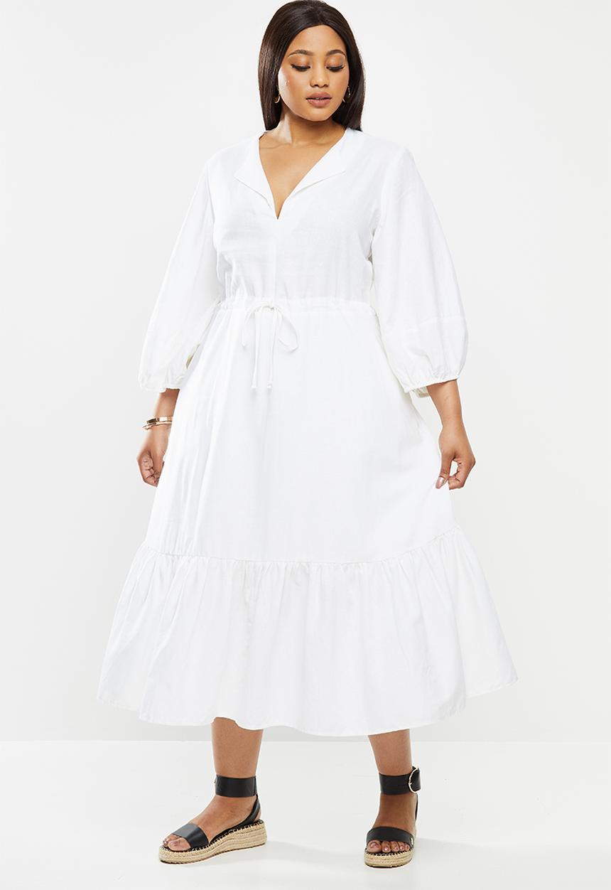 Me&B - Plus bellow sleeve linen dresswith drawstring waist - cream 
