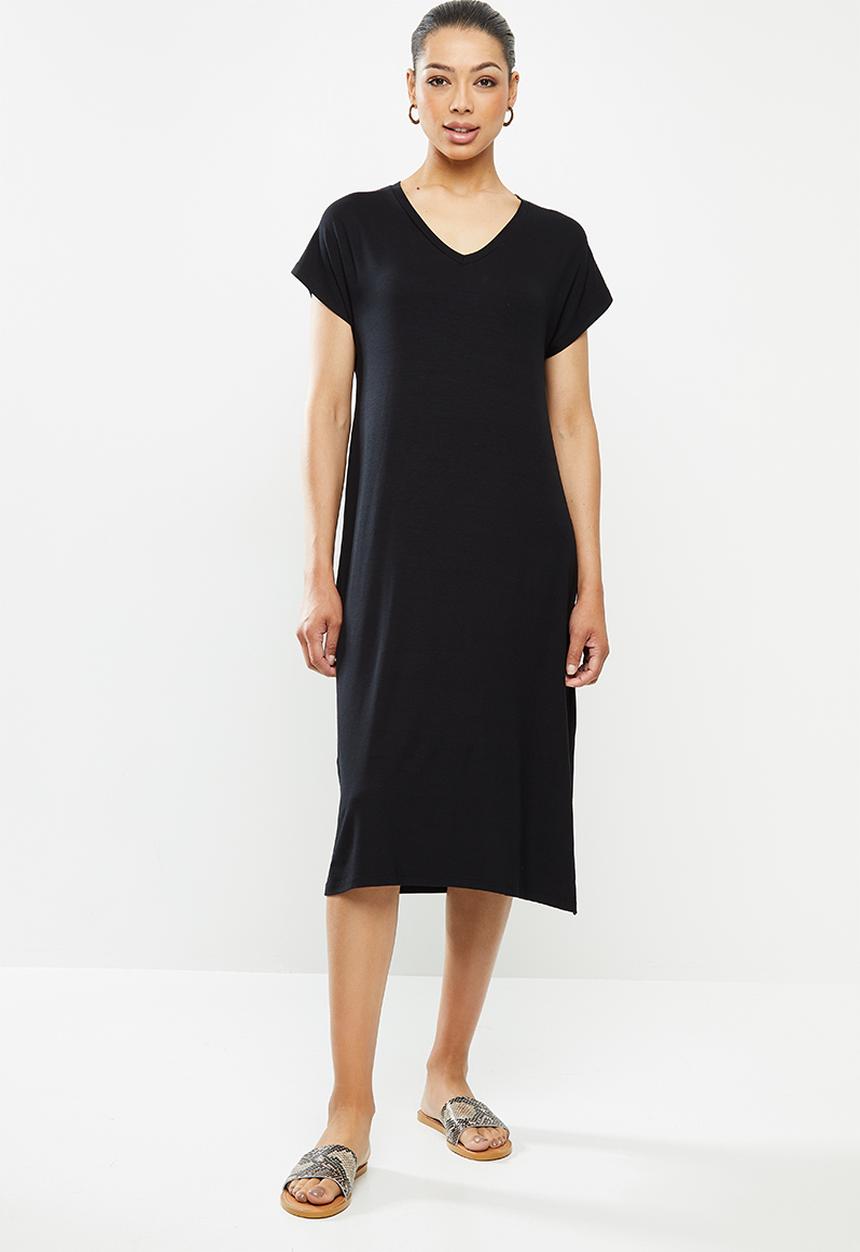 edit - V-neck slit column midi - black