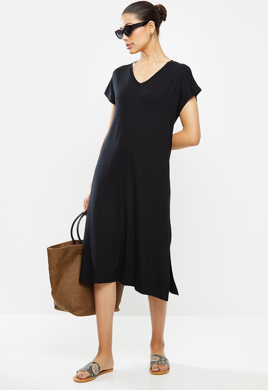 edit - V-neck slit column midi - black