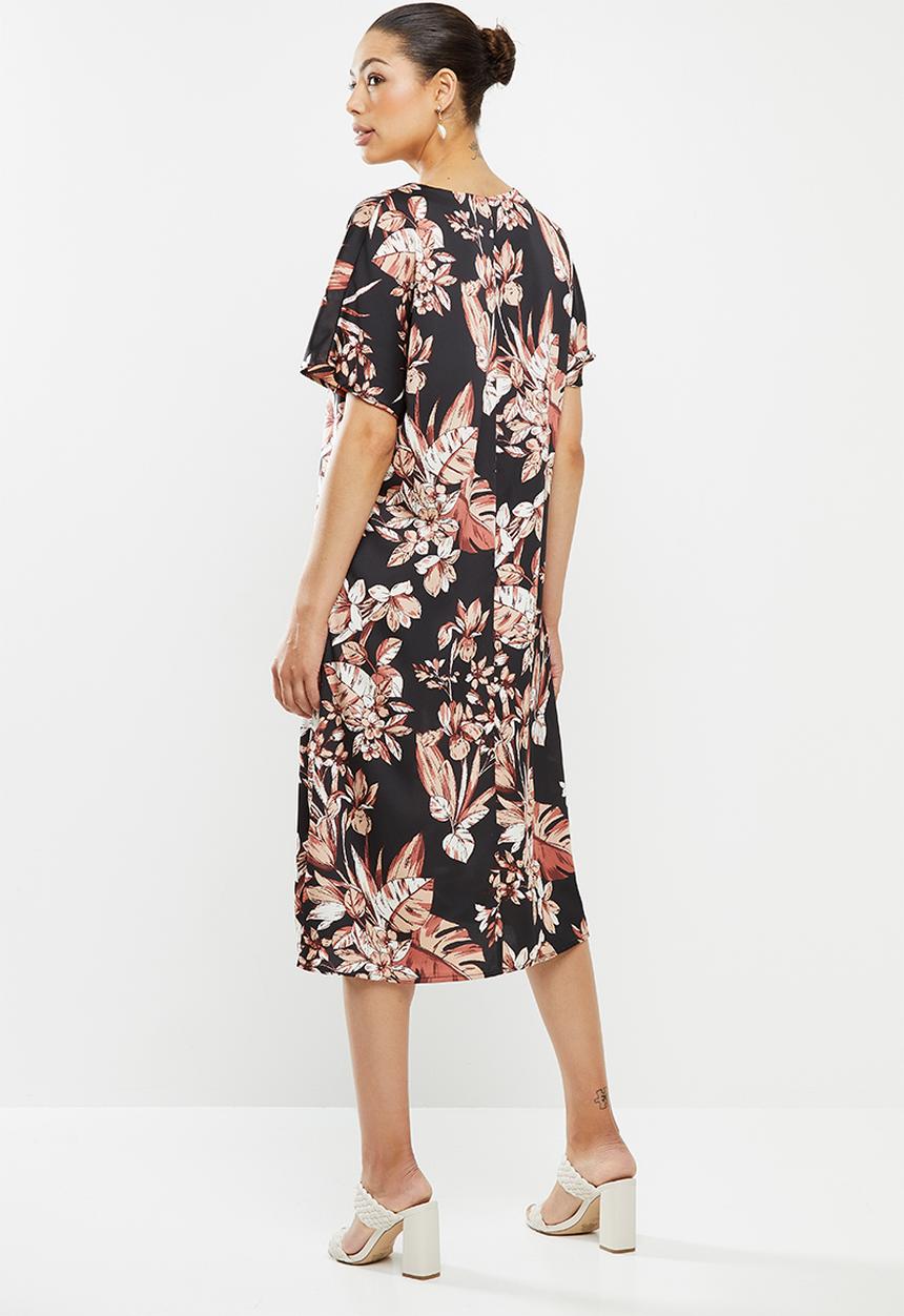 edit - Printed slit midi tunic dress - black & maroon floral