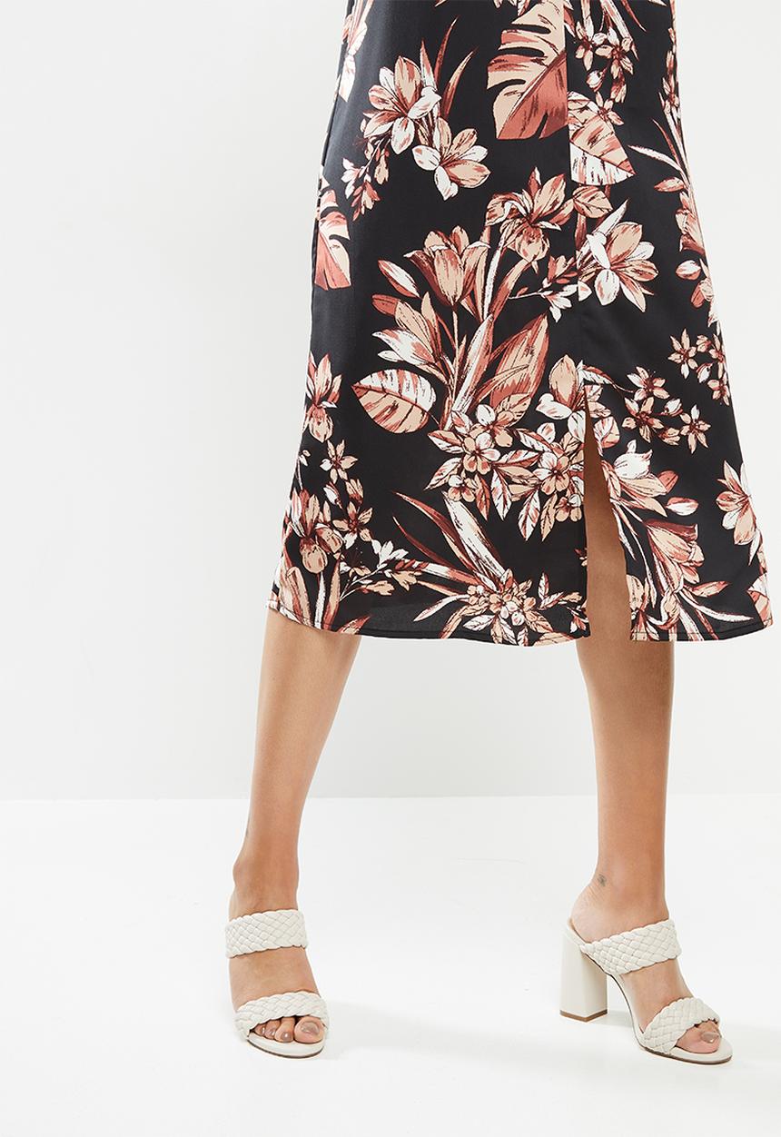edit - Printed slit midi tunic dress - black & maroon floral