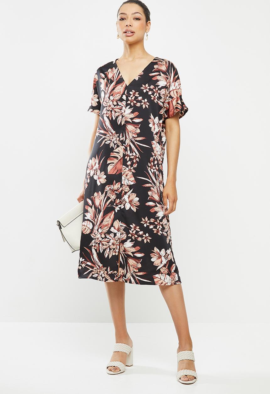 edit - Printed slit midi tunic dress - black & maroon floral