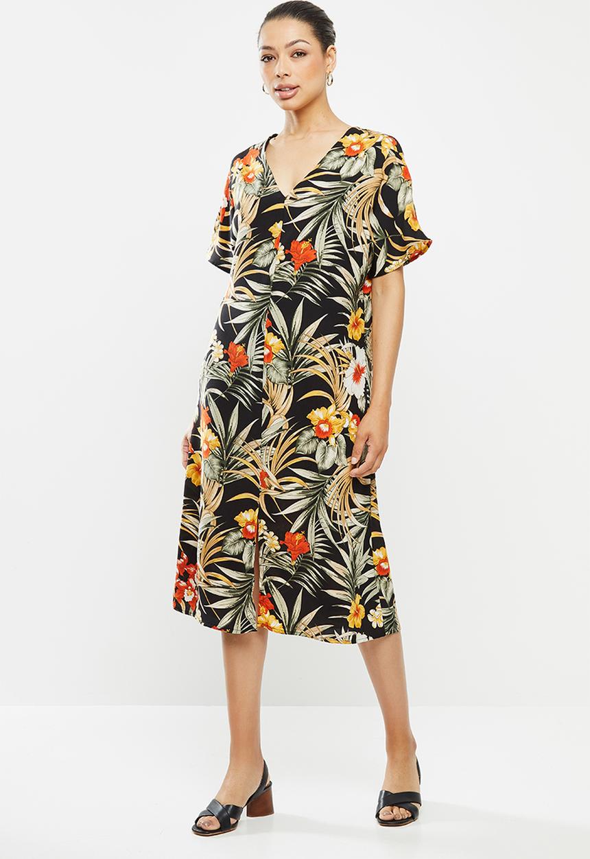 edit - Printed slit midi tunic dress - multi tropical print
