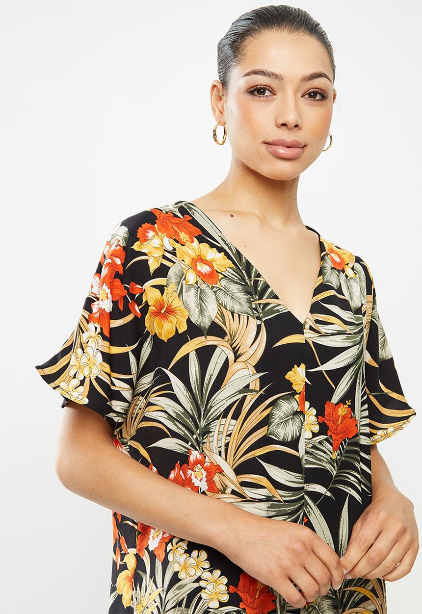 edit - Printed slit midi tunic dress - multi tropical print