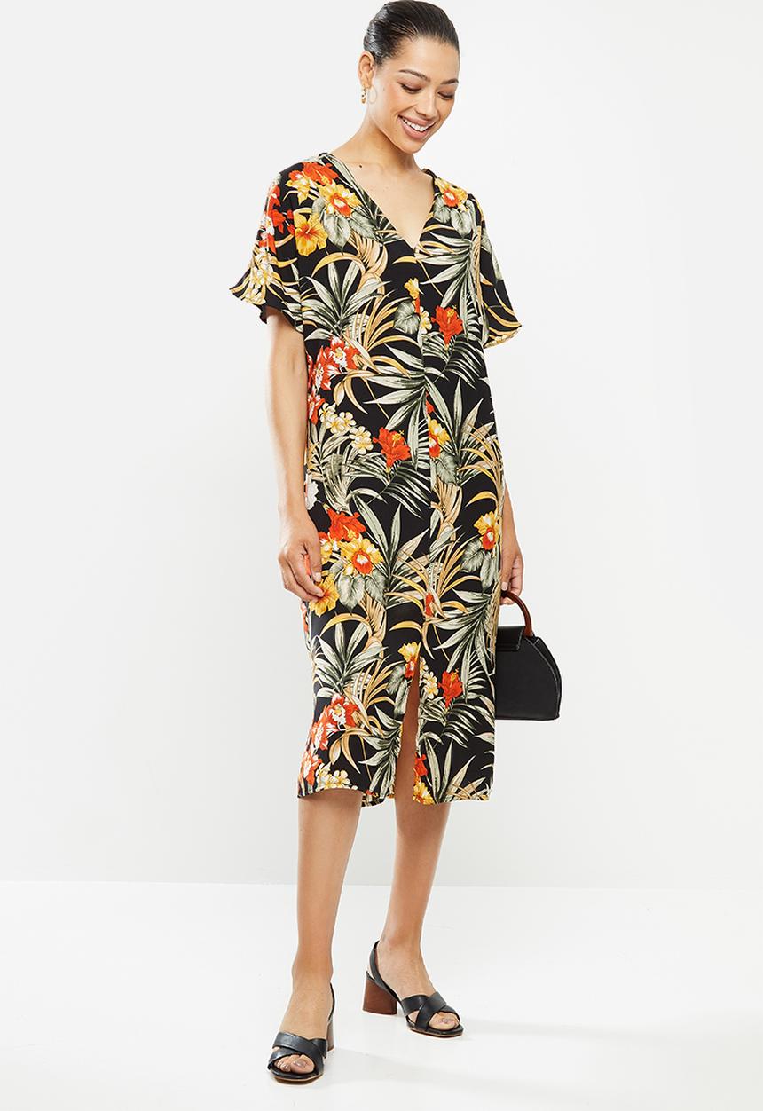 edit - Printed slit midi tunic dress - multi tropical print