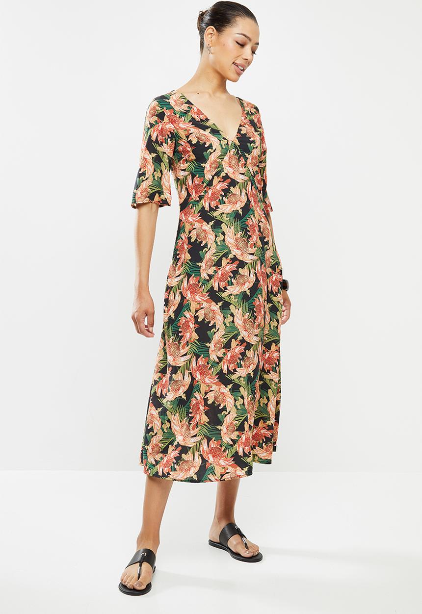 edit - Curved waist midi dress - multi tropical floral