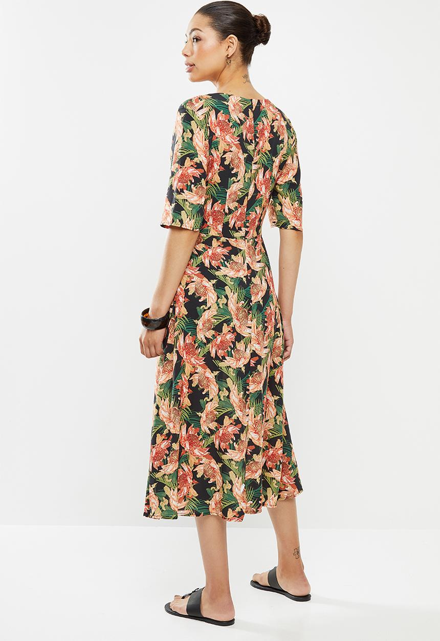edit - Curved waist midi dress - multi tropical floral