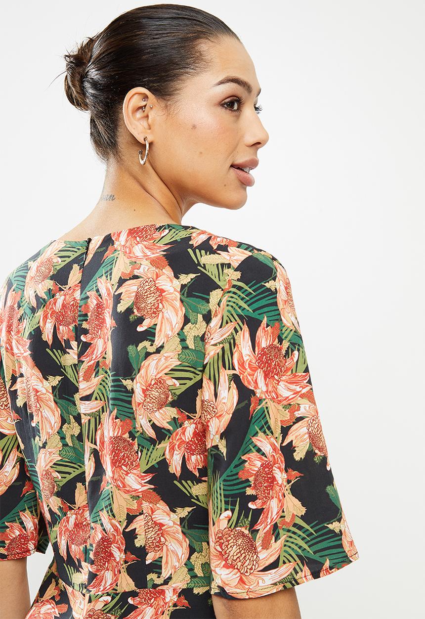 edit - Curved waist midi dress - multi tropical floral