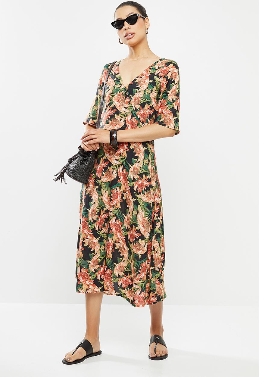 edit - Curved waist midi dress - multi tropical floral