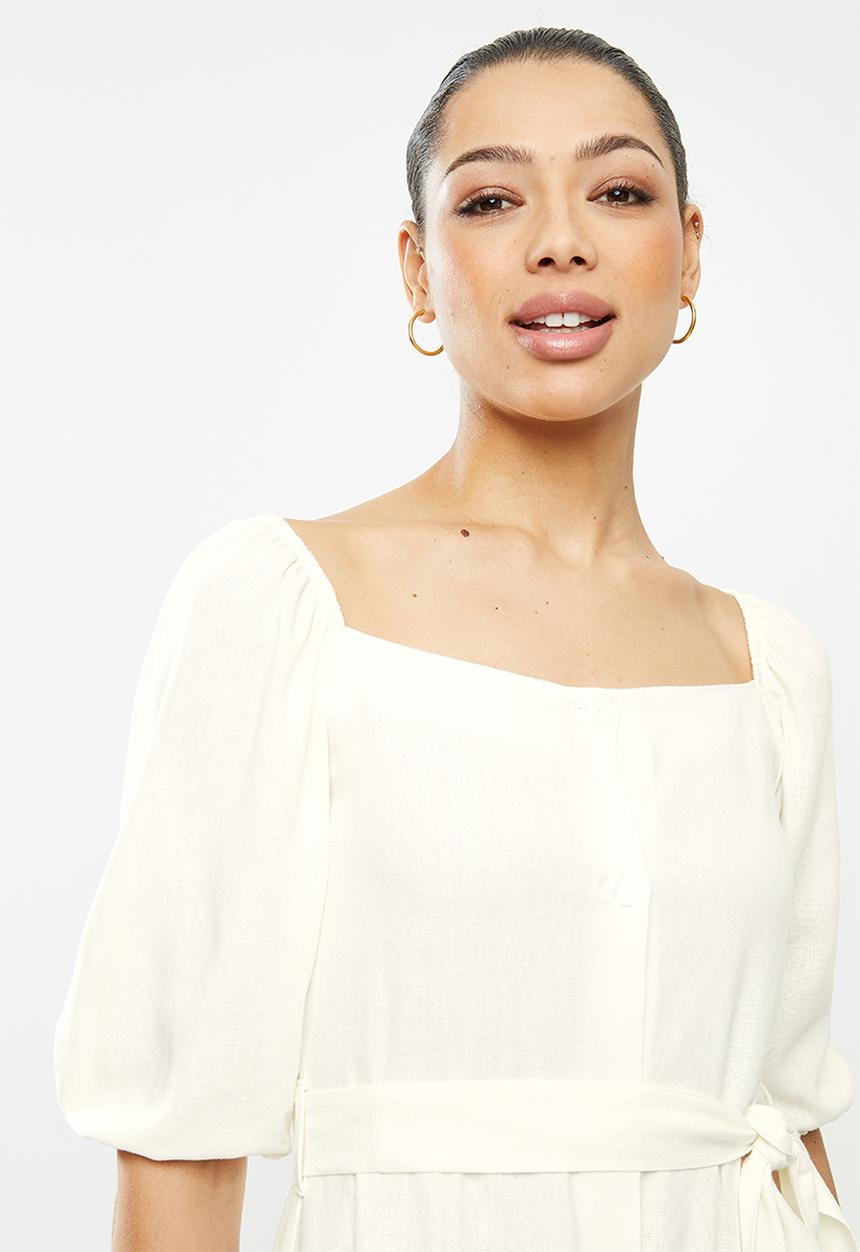 edit - Linen viscose square neck button down dress - milk