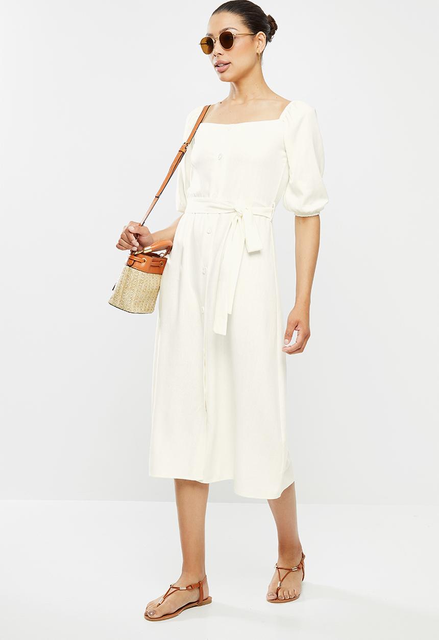 edit - Linen viscose square neck button down dress - milk