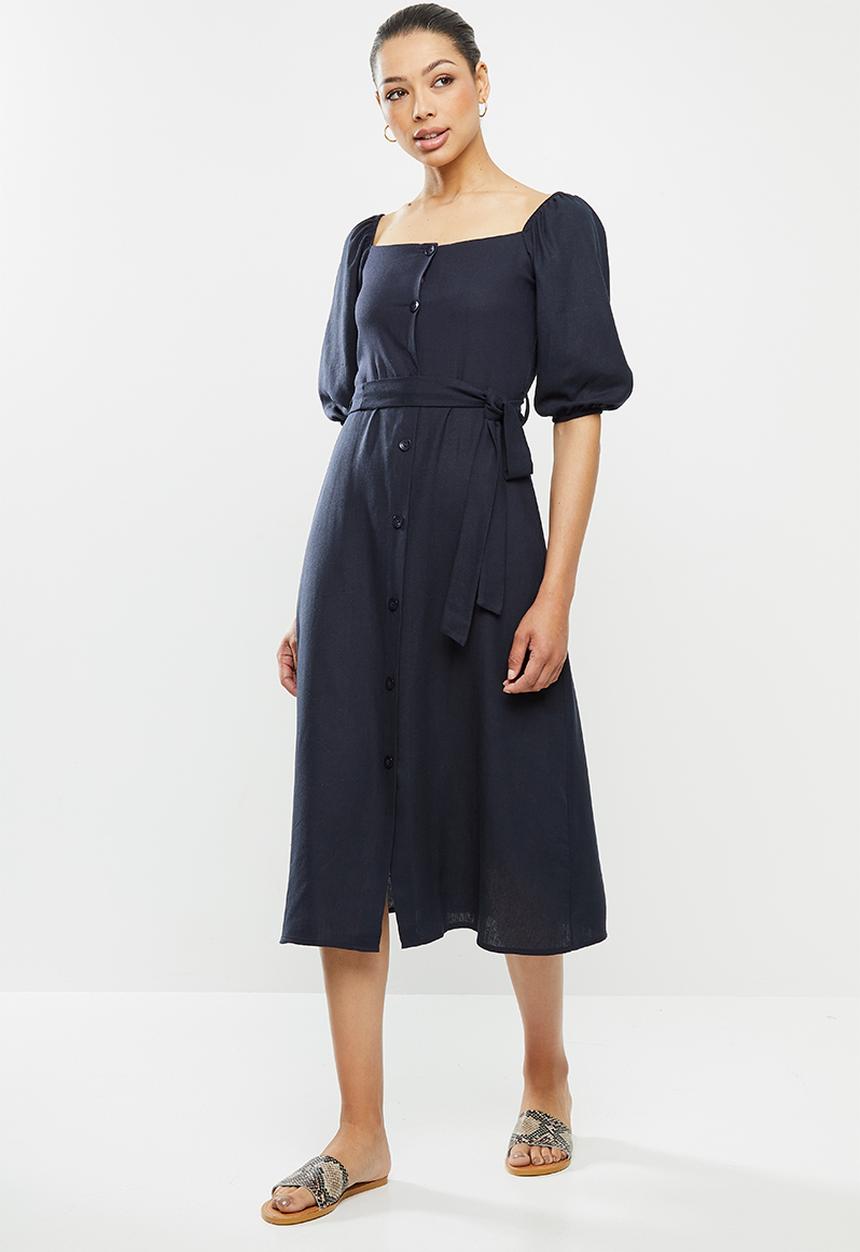 edit - Linen viscose square neck button down dress - navy