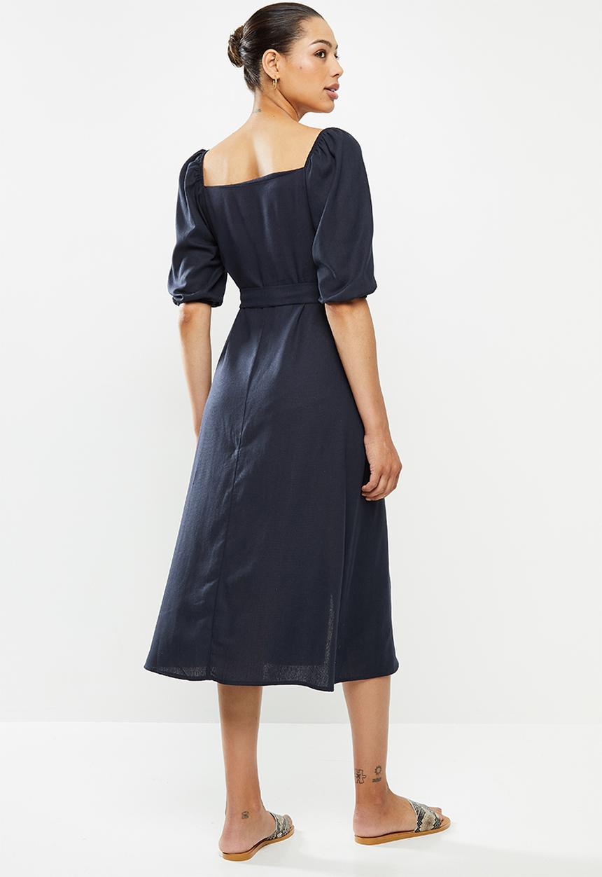 edit - Linen viscose square neck button down dress - navy