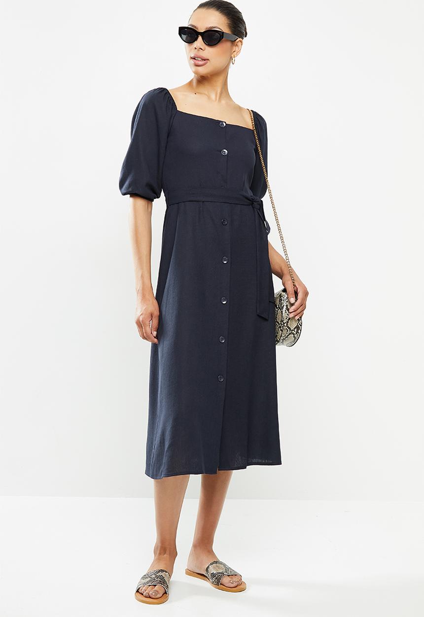 edit - Linen viscose square neck button down dress - navy