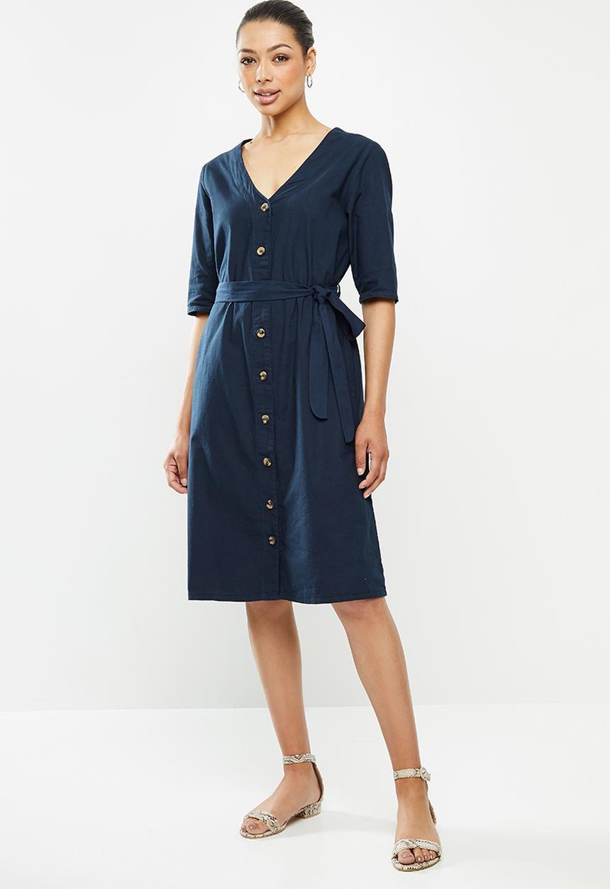 edit - Cotton button through belted midi dress - navy