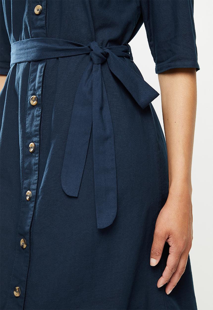 edit - Cotton button through belted midi dress - navy