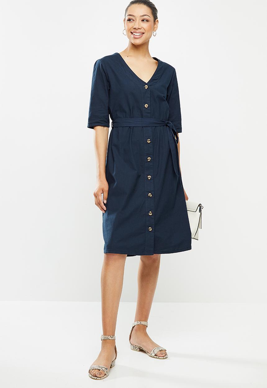 edit - Cotton button through belted midi dress - navy