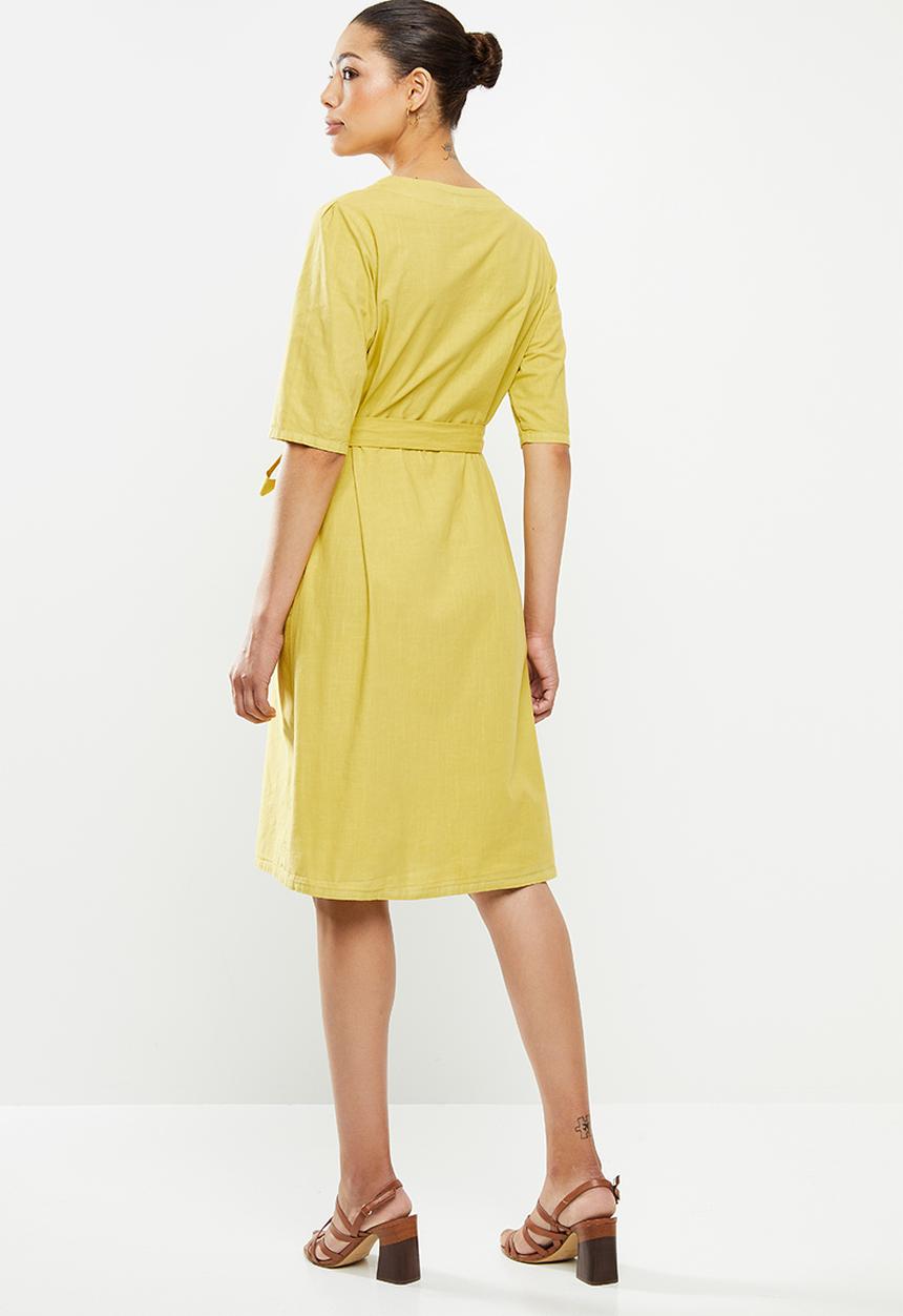 edit - Cotton button through belted midi dress - ochre yellow