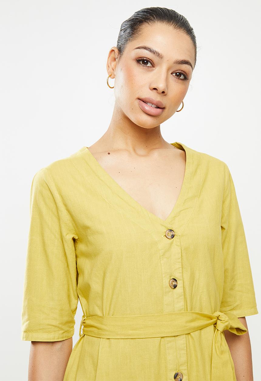 edit - Cotton button through belted midi dress - ochre yellow