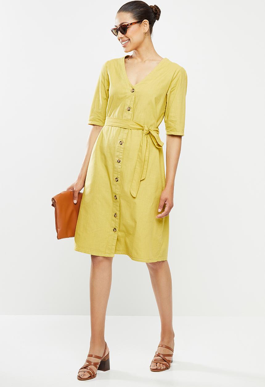 edit - Cotton button through belted midi dress - ochre yellow