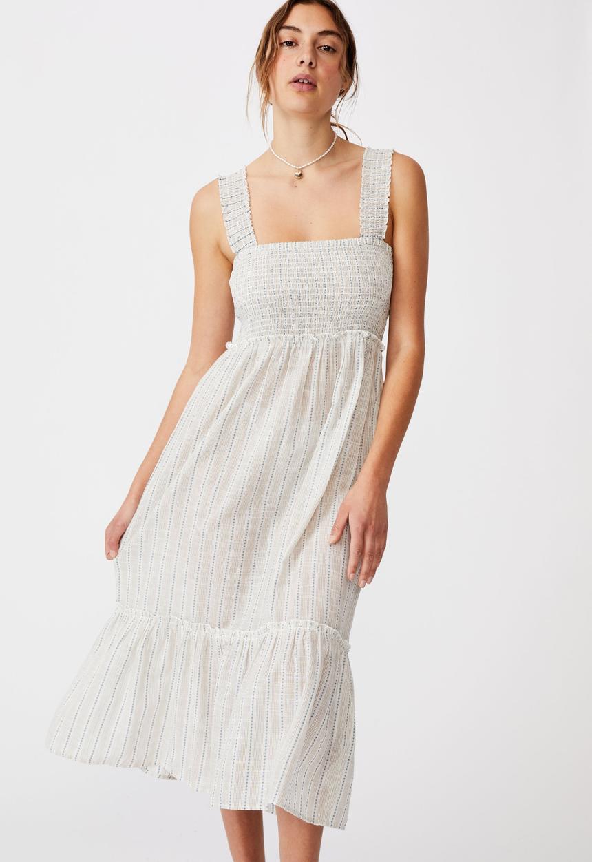 Cotton On - Woven tess shirred strappy midi dress - white & blue 