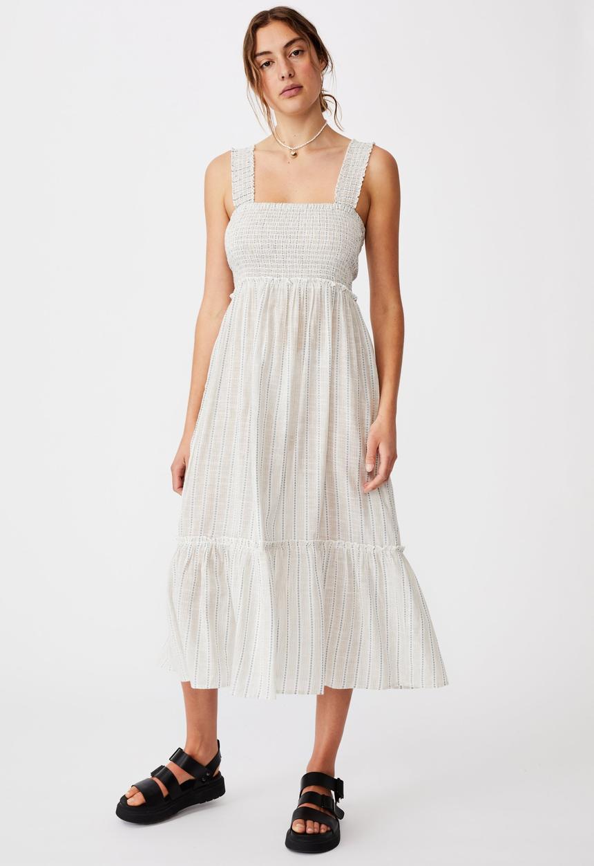 Cotton On - Woven tess shirred strappy midi dress - white & blue 