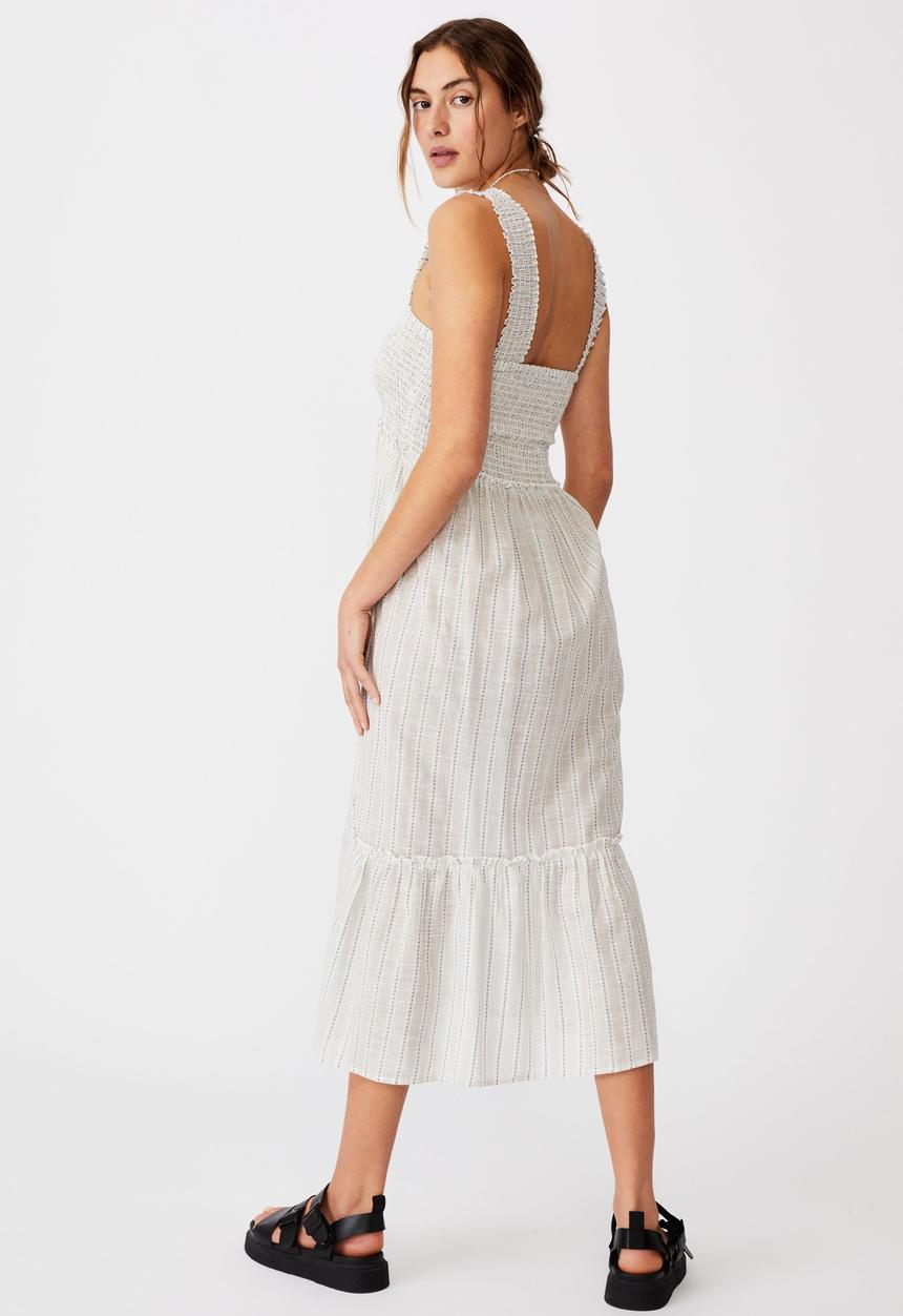 Cotton On - Woven tess shirred strappy midi dress - white & blue 