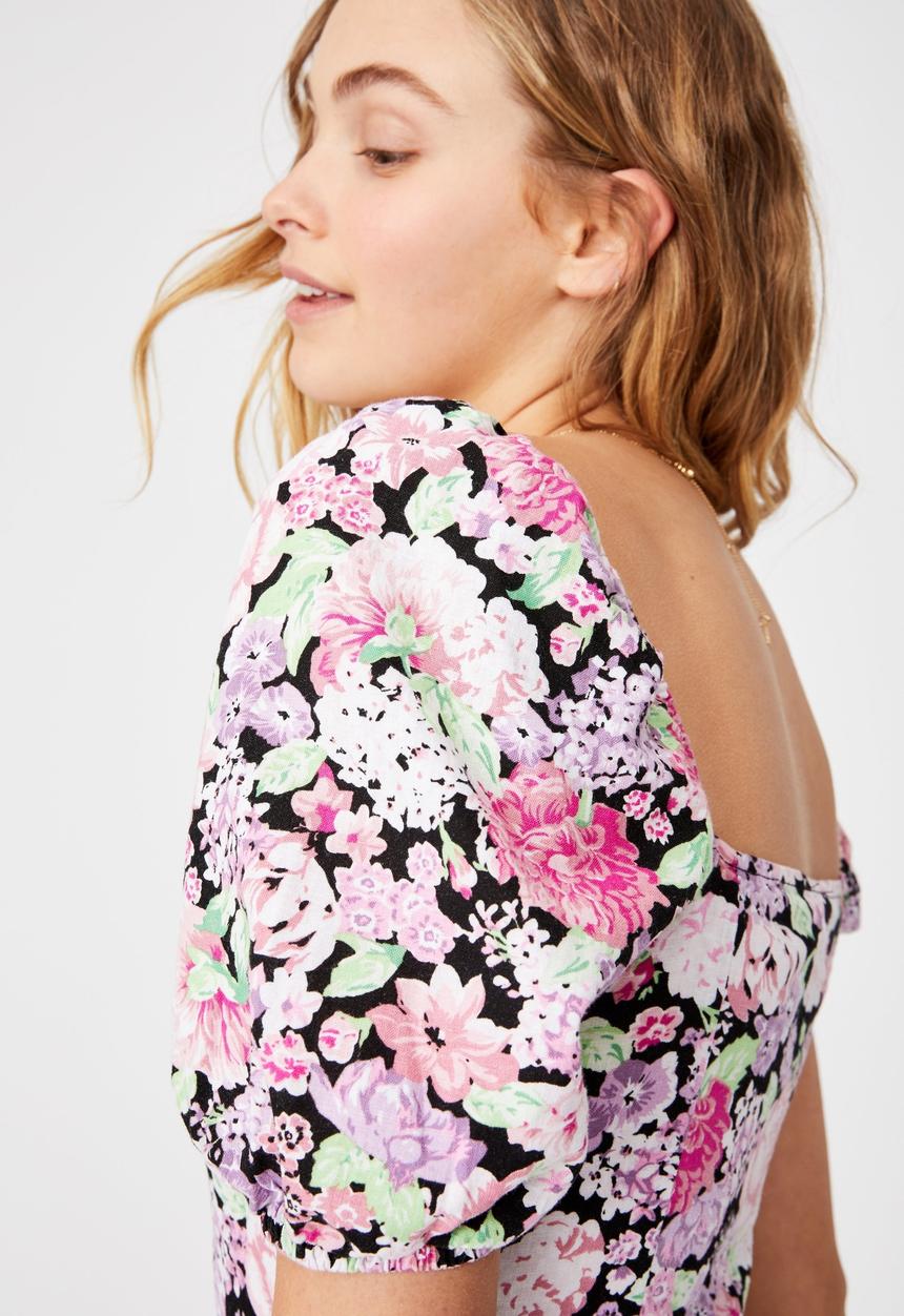 Cotton On - Woven Leona bell sleeve mini dress - black & pink 