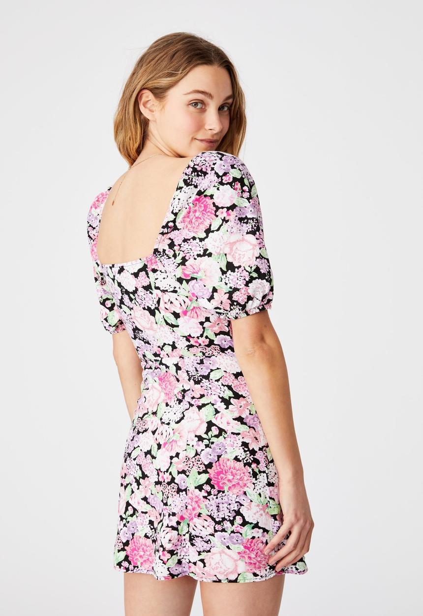 Cotton On - Woven Leona bell sleeve mini dress - black & pink 