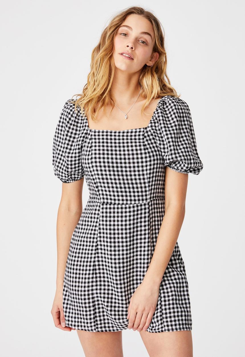 Cotton On - Woven Leona bell sleeve mini dress - black & white 