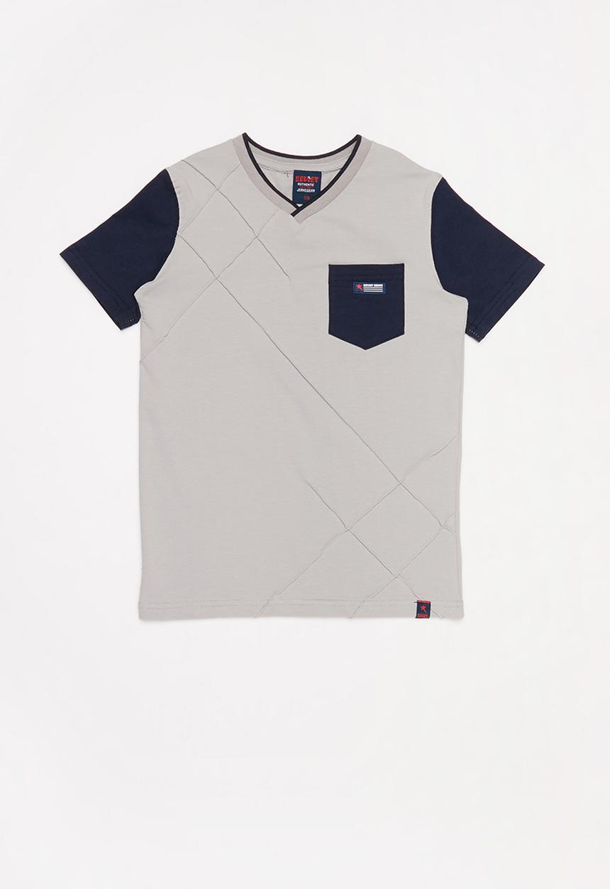 SOVIET - V-neck tee with pocket - grey & blue 