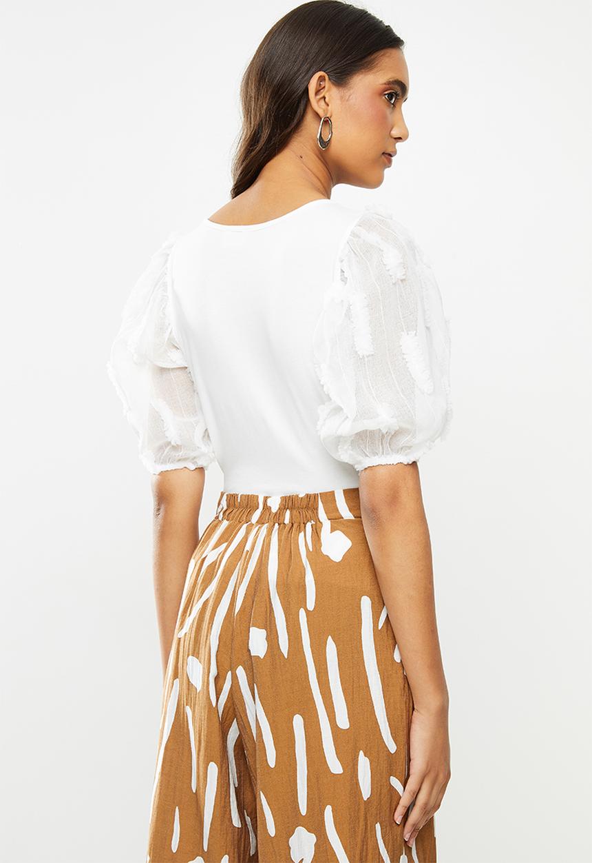 Me&B - Milk combo tee with 3d organza puff sleeves - white 