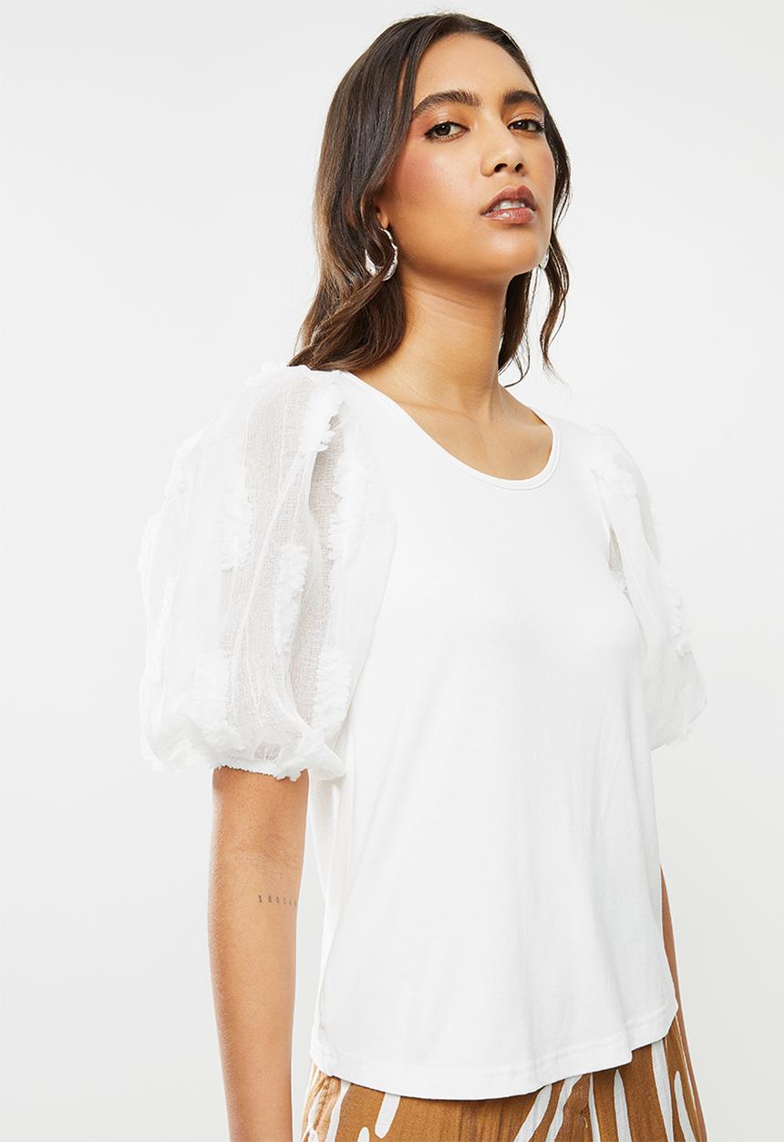 Me&B - Milk combo tee with 3d organza puff sleeves - white 