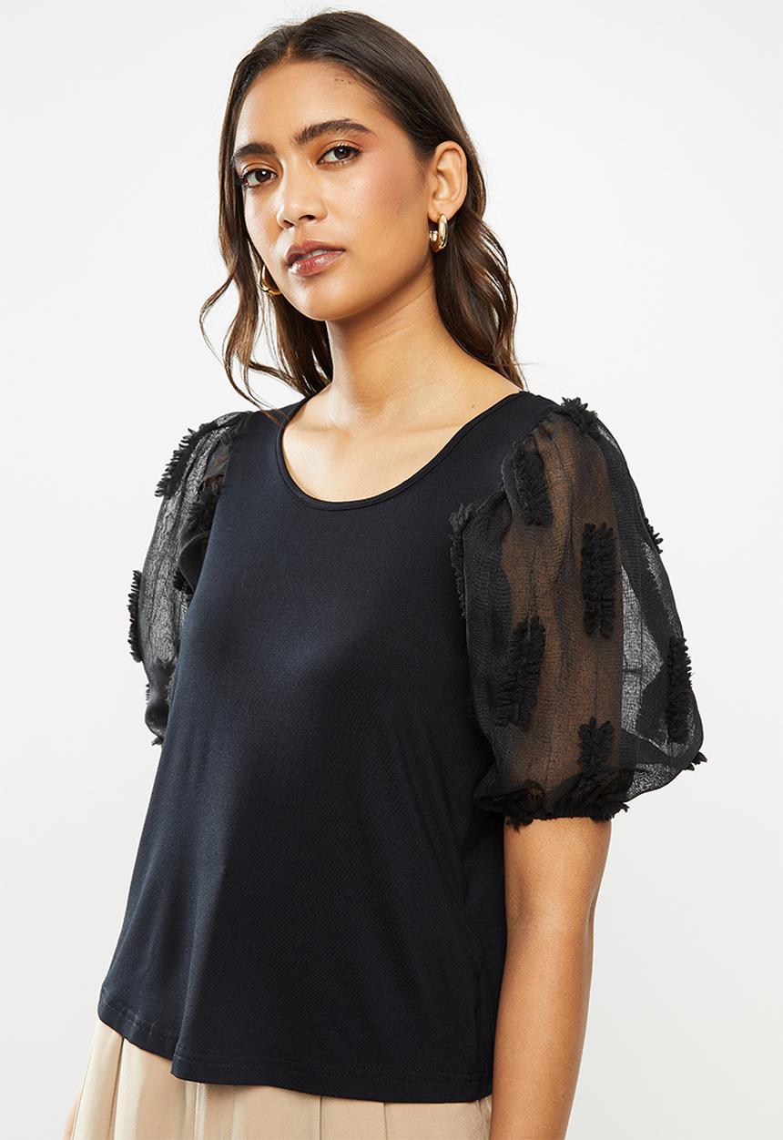 Me&B - Combo tee with 3d organza puff sleeves - black 