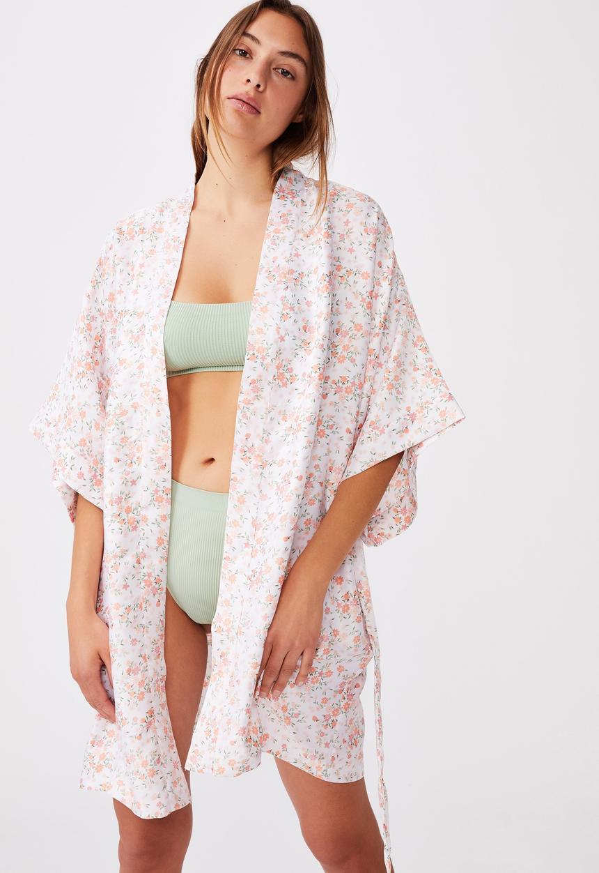 Cotton On - Satin kimono gown - white & peach 