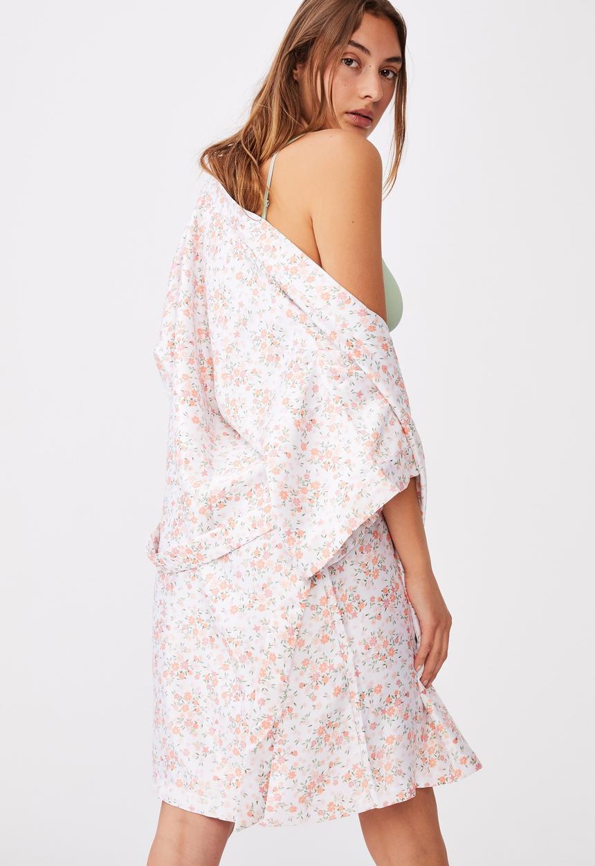 Cotton On - Satin kimono gown - white & peach 