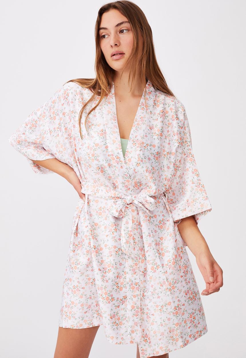 Cotton On - Satin kimono gown - white & peach 