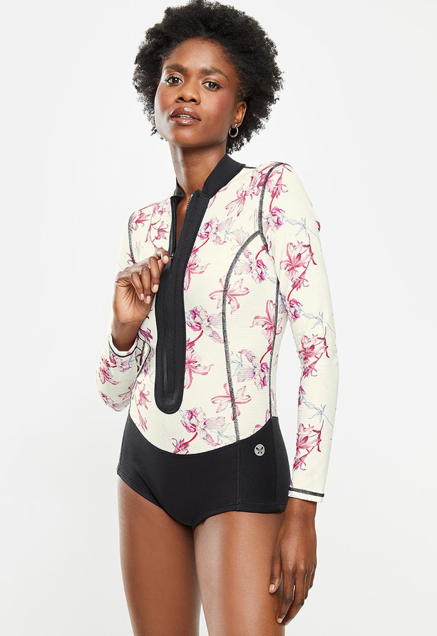 Lizzy - Alona floral neoprene thermal swimsuit - pink & black