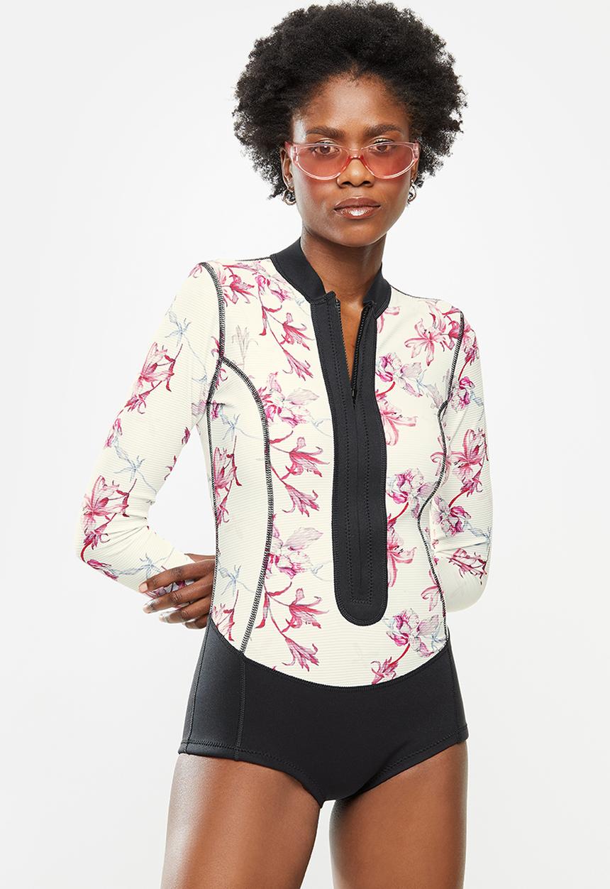 Lizzy - Alona floral neoprene thermal swimsuit - pink & black