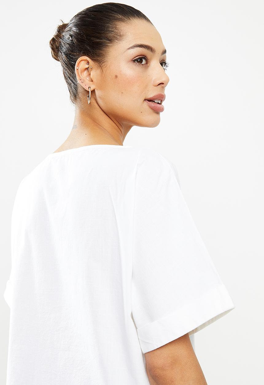 edit - Turn up short sleeve cotton boxy shell - white 