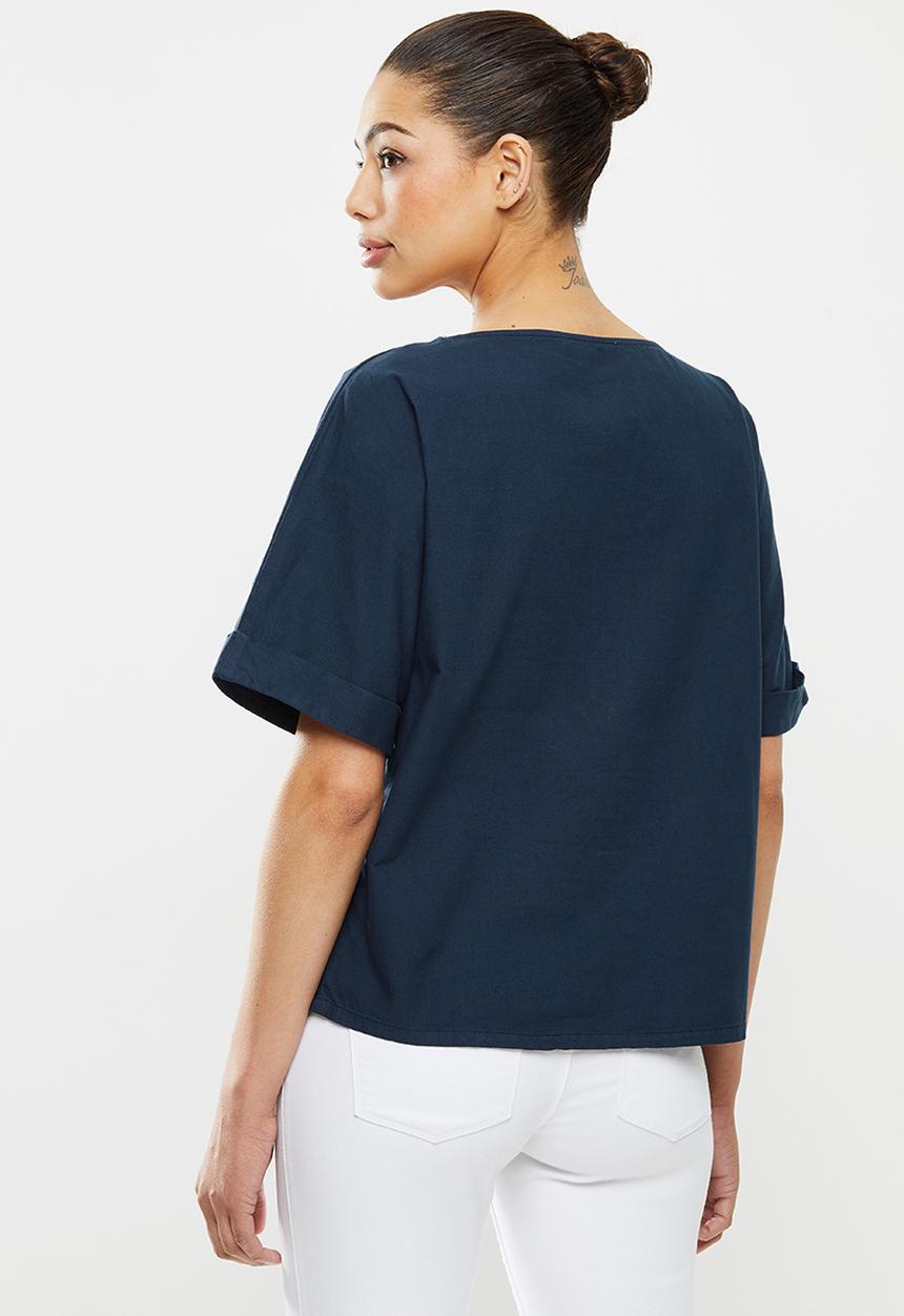 edit - Turn up short sleeve  cotton boxy shell - navy