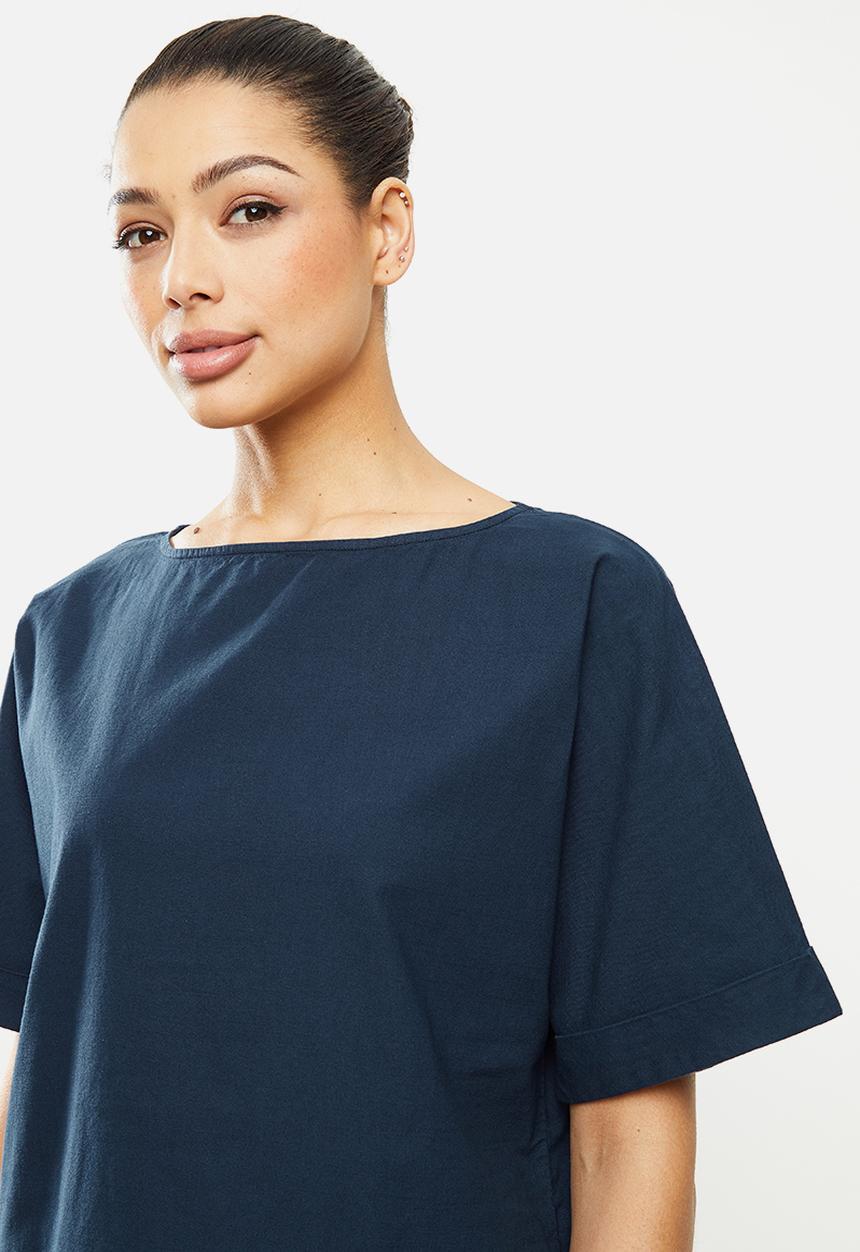 edit - Turn up short sleeve  cotton boxy shell - navy