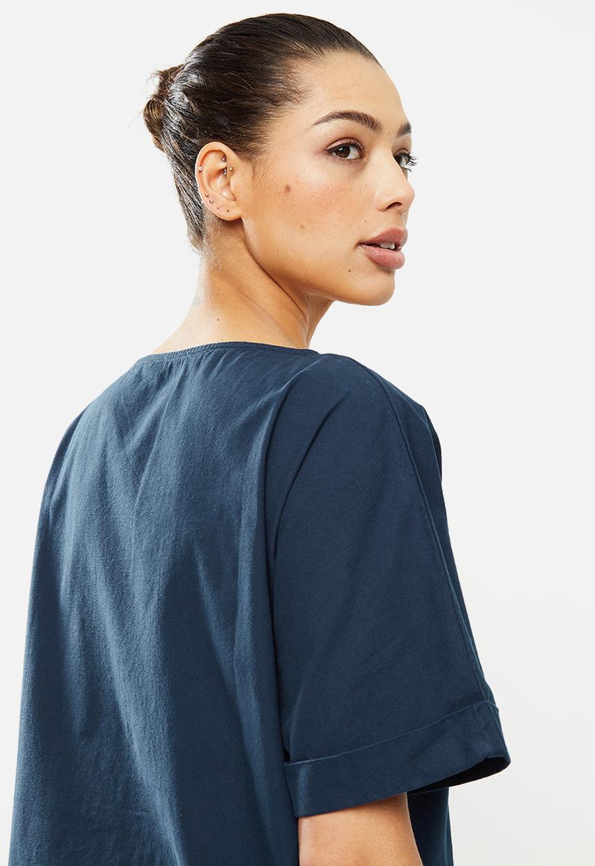 edit - Turn up short sleeve  cotton boxy shell - navy