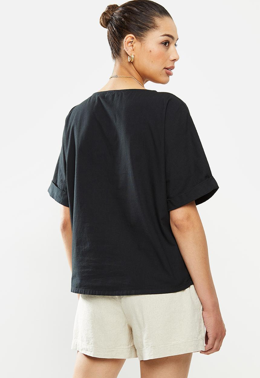 edit - Turn up short sleeve cotton boxy shell - black
