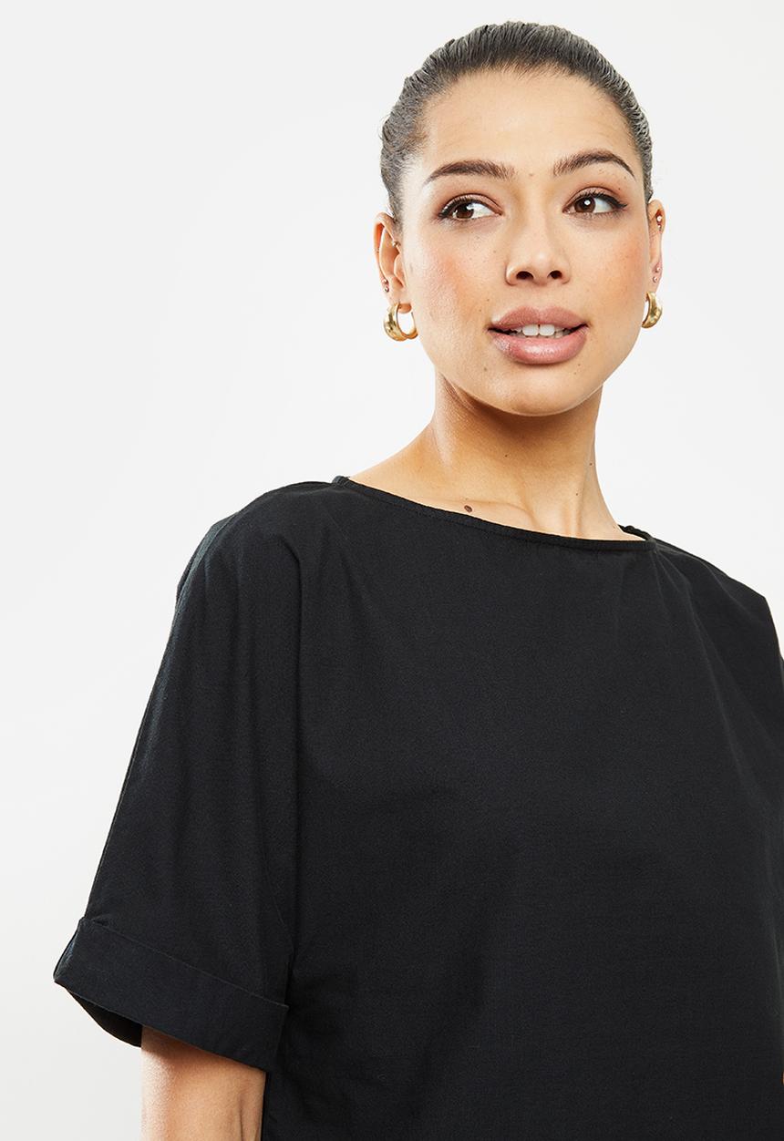 edit - Turn up short sleeve cotton boxy shell - black