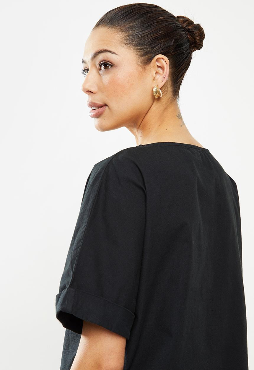 edit - Turn up short sleeve cotton boxy shell - black